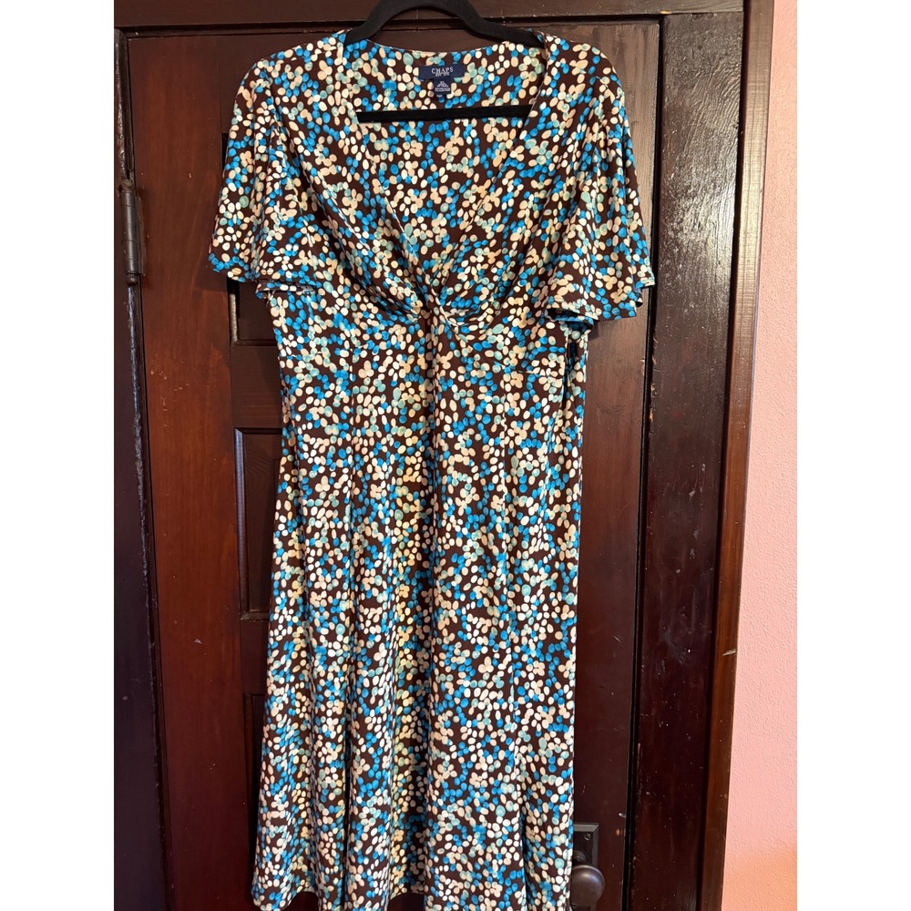 Chaps Womens XL Blue Brown Abstract Dot Twist Front V-Neck Midi A-Line Dress